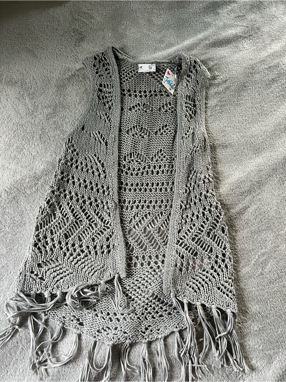 Justice Gray Crochet Fringe Open Vest